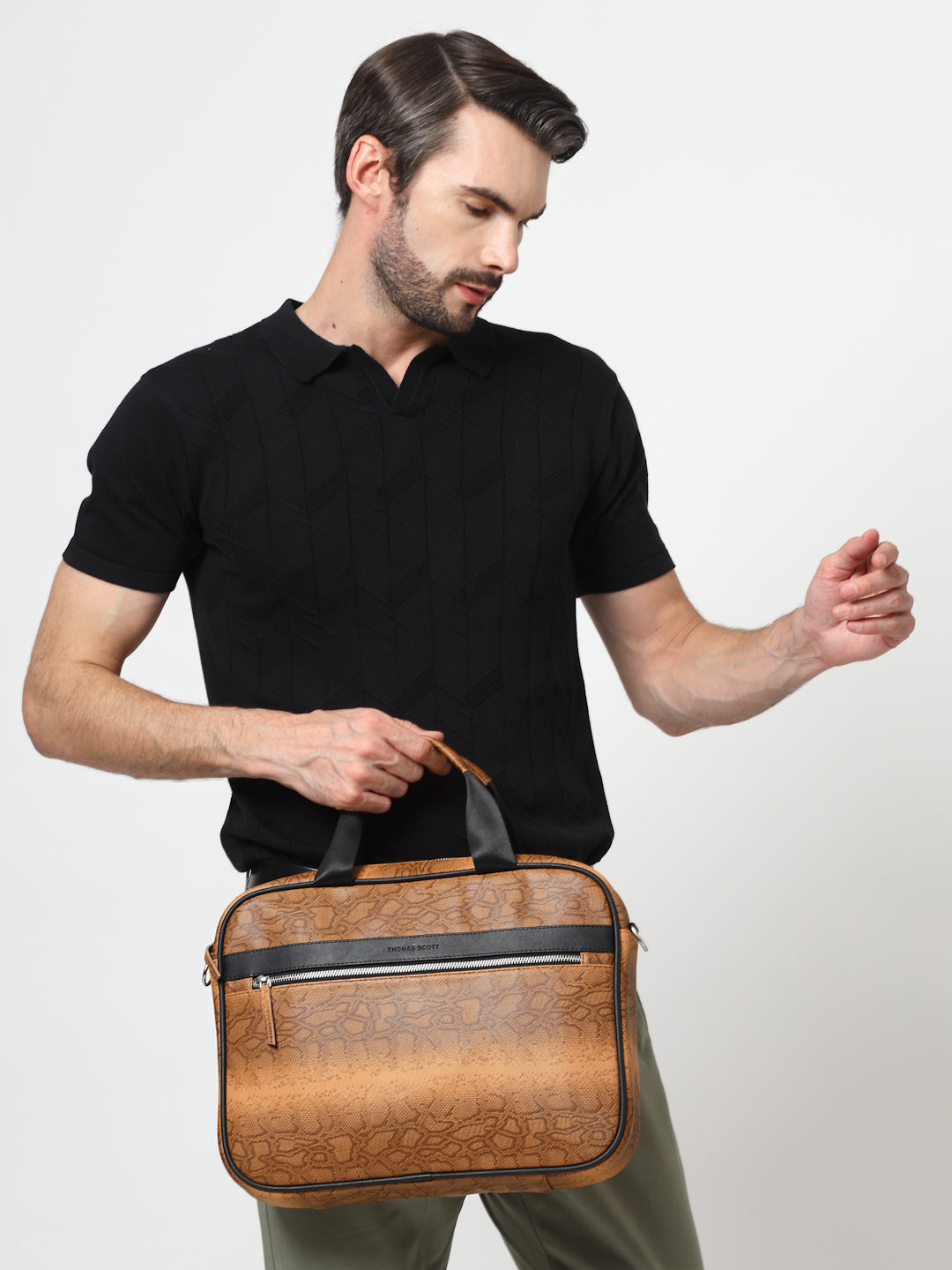 Thomas Scott Men Textured PU Laptop Bag