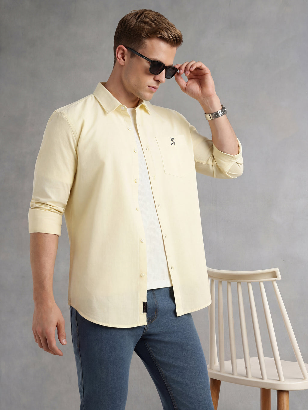 Thomas Scott Men Yellow Cricket Club Collection Slim Fit Long Sleeves Spread Collar Solid Cotton Linen Shirt