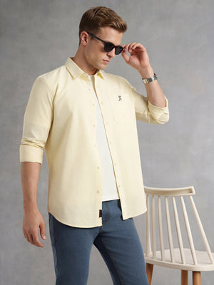 Yellow Cricket Club Collection Slim Fit Long Sleeves Spread Collar Solid Cotton Linen Shirt For Men