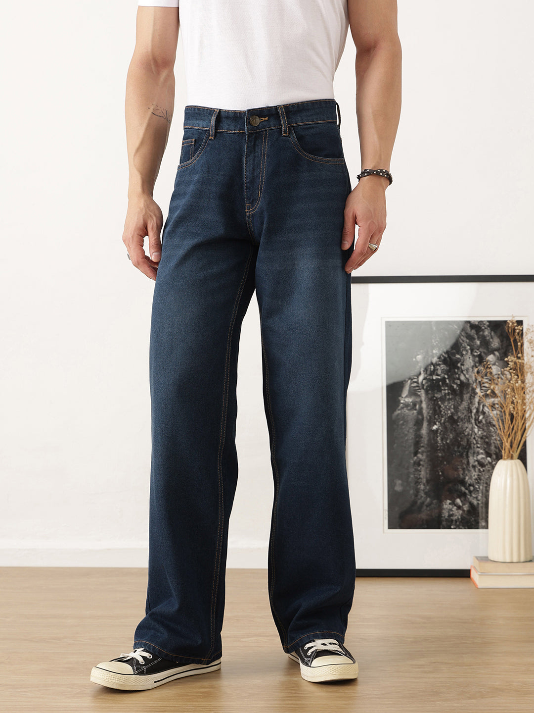 Thomas Scott Men Dark Blue Baggy Fit Dark Shade Clean Look Non Stretchable Jeans