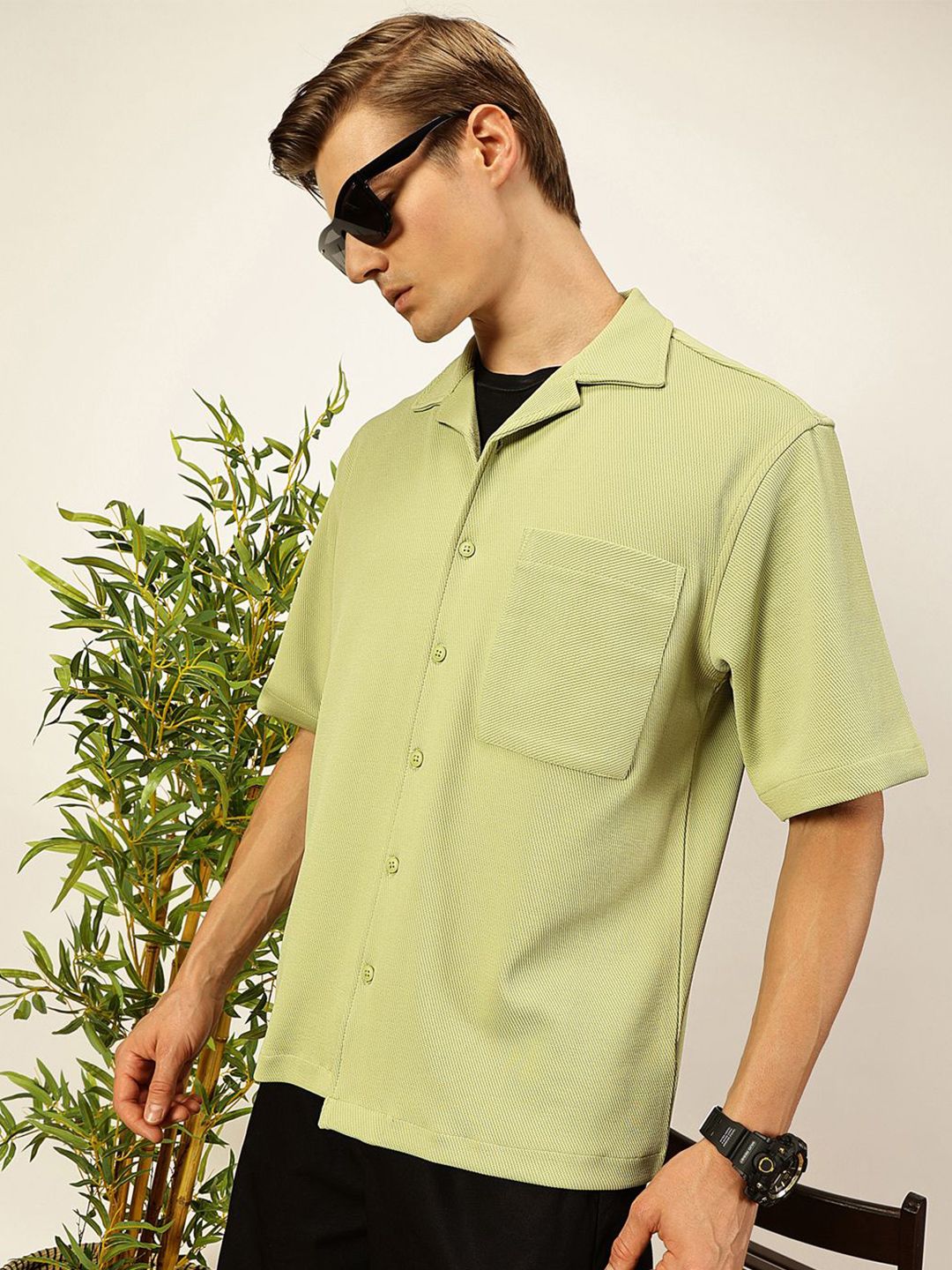 Pista Premium Short Sleeves Regular Fit Cuban Collar Textured Cotton Casual Shirt For Men