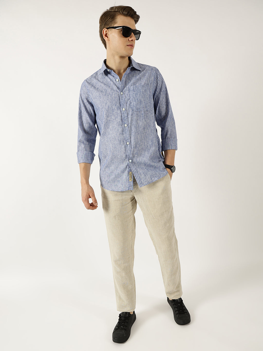 Thomas Scott Men Blue Classic Slim Fit Opaque Striped Casual Shirt