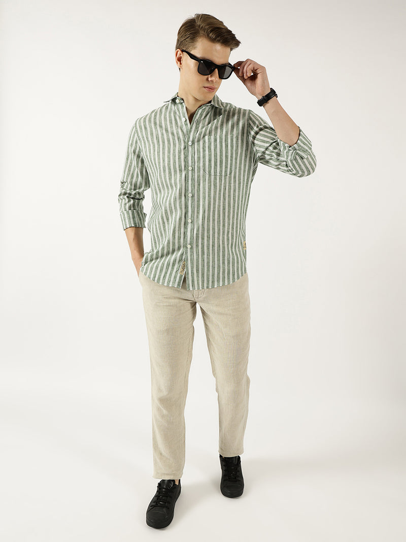 Thomas Scott Men Green Classic Slim Fit Opaque Striped Casual Shirt