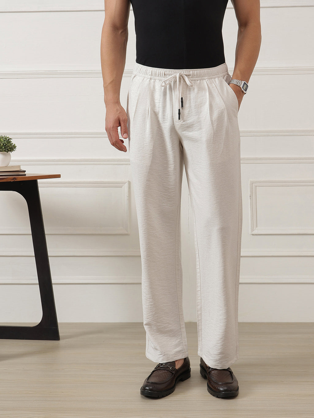Thomas Scott Men Beige Smart Straight Fit Mid-Rise Pleated Woven Trouser