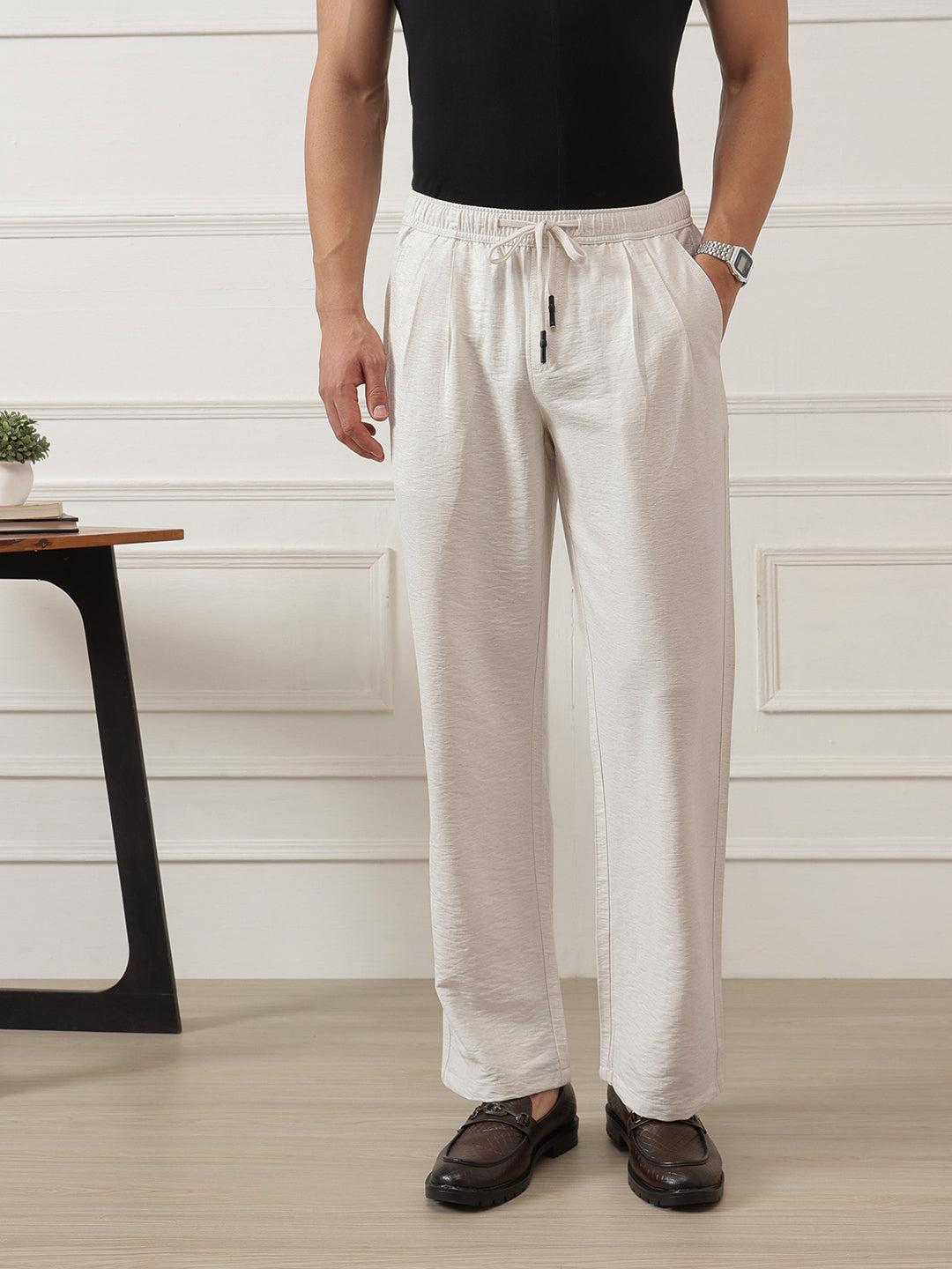 Thomas Scott Men Beige Smart Straight Fit Mid-Rise Pleated Woven Trouser