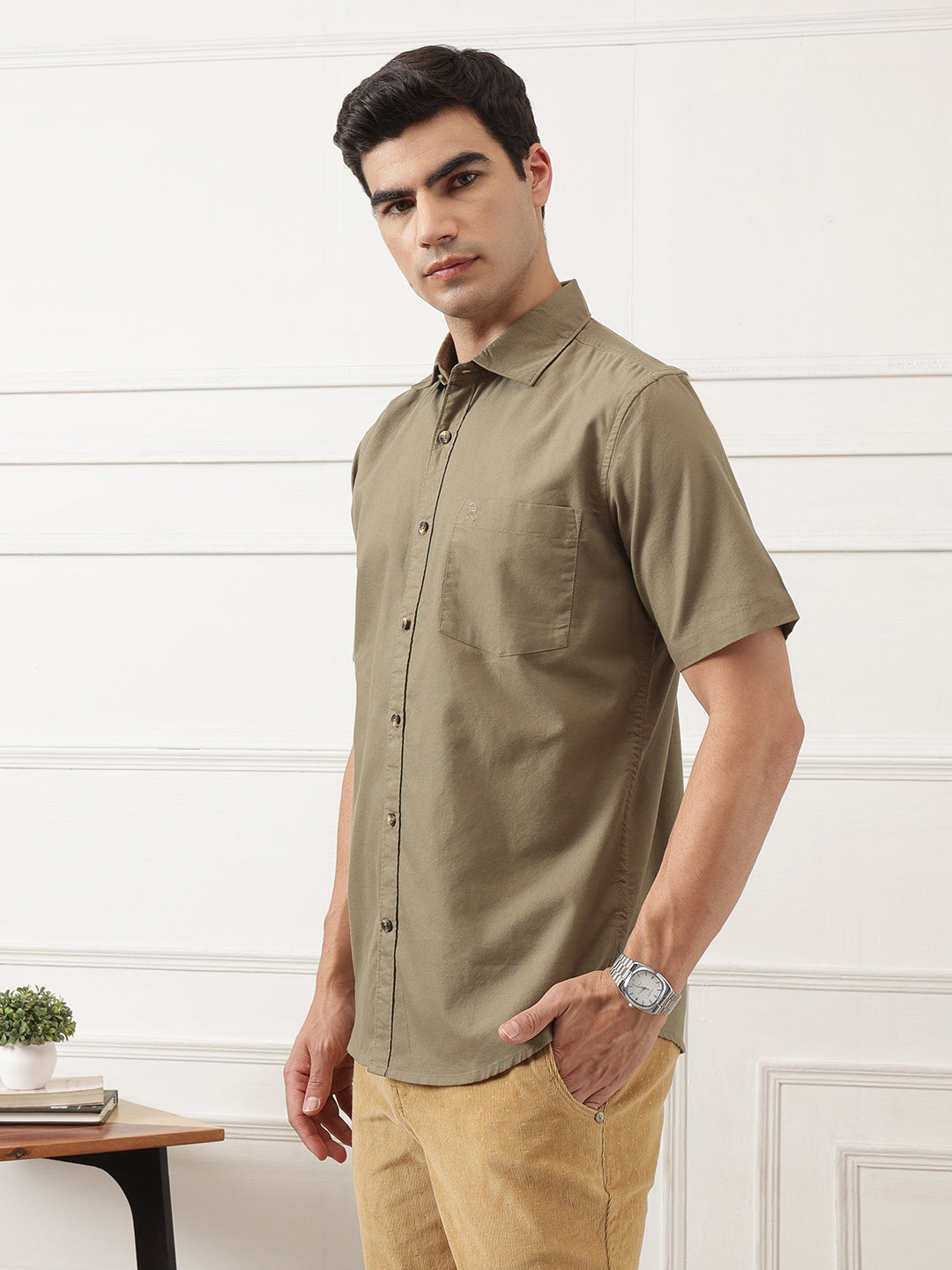 Light Khaki Regular Fit Short Sleeve Spread Collar Solid Oxford Cotton Casual Shirt For Men