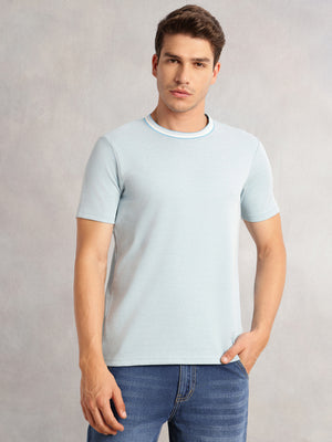 Thomas Scott Men Sky Blue Regular Fit Short Sleeves Round Neck Solid Knitted Tshirt