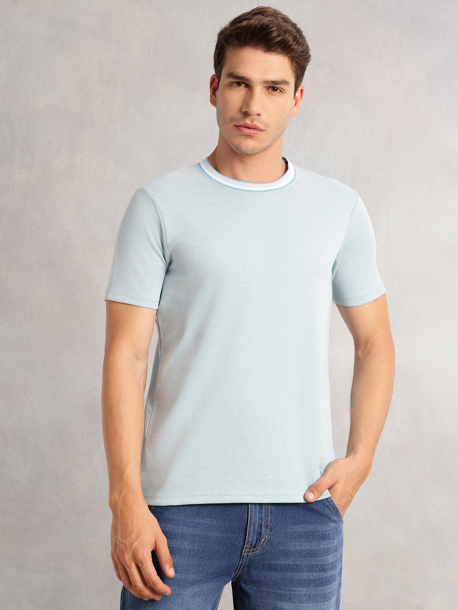 Thomas Scott Men Sky Blue Regular Fit Short Sleeves Round Neck Solid Knitted Tshirt