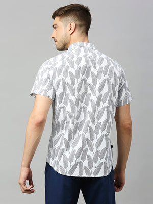 Thomas Scott Men White 1 Classic Short Sleeves Slim Fit Spread Collar Conversational Printed Cotton Casual Shirt