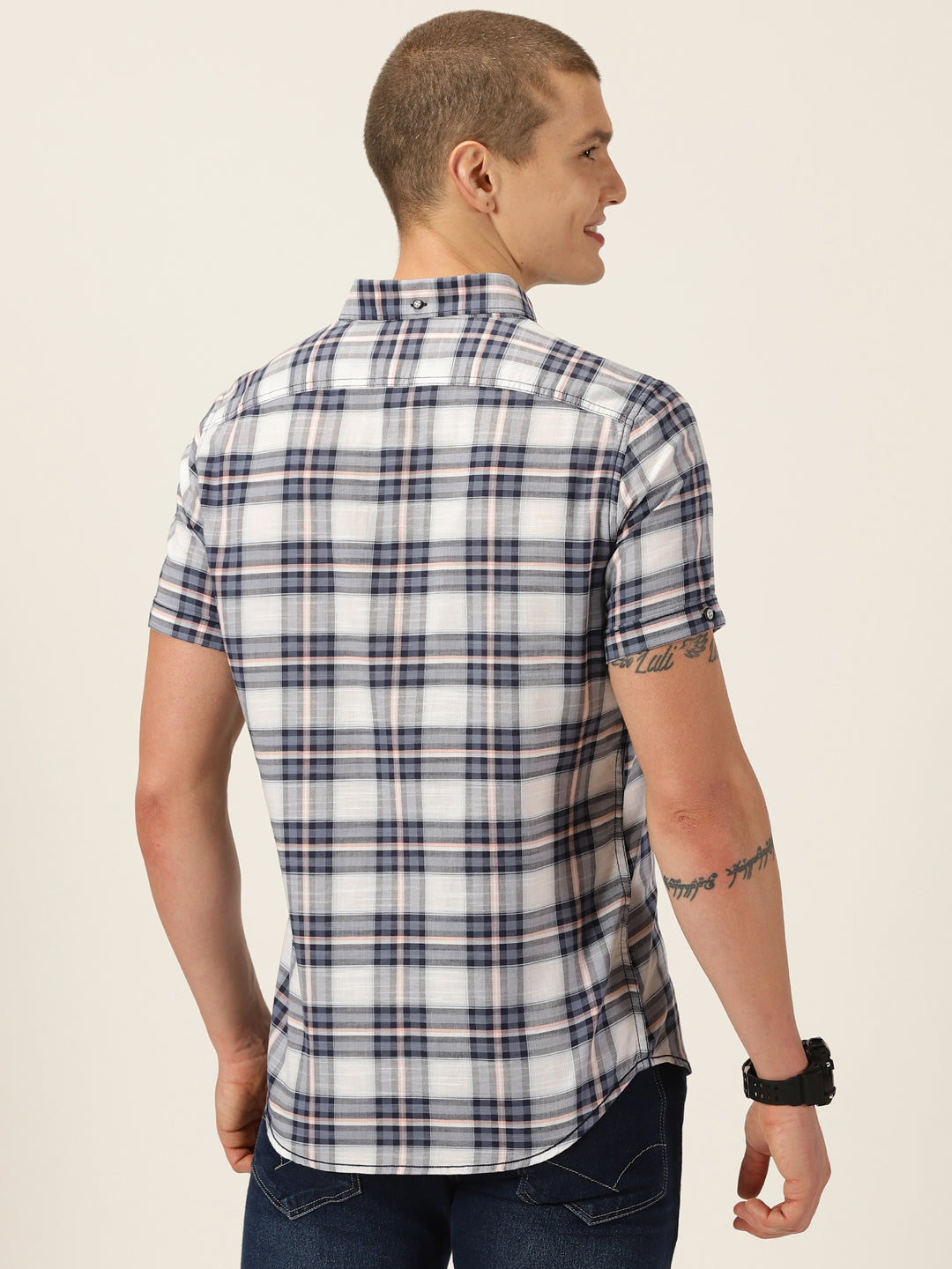 Thomas Scott Men Navy Smart Slim Fit Short Sleeves Tartan Checks Spread Collar Cotton Casual Shirt