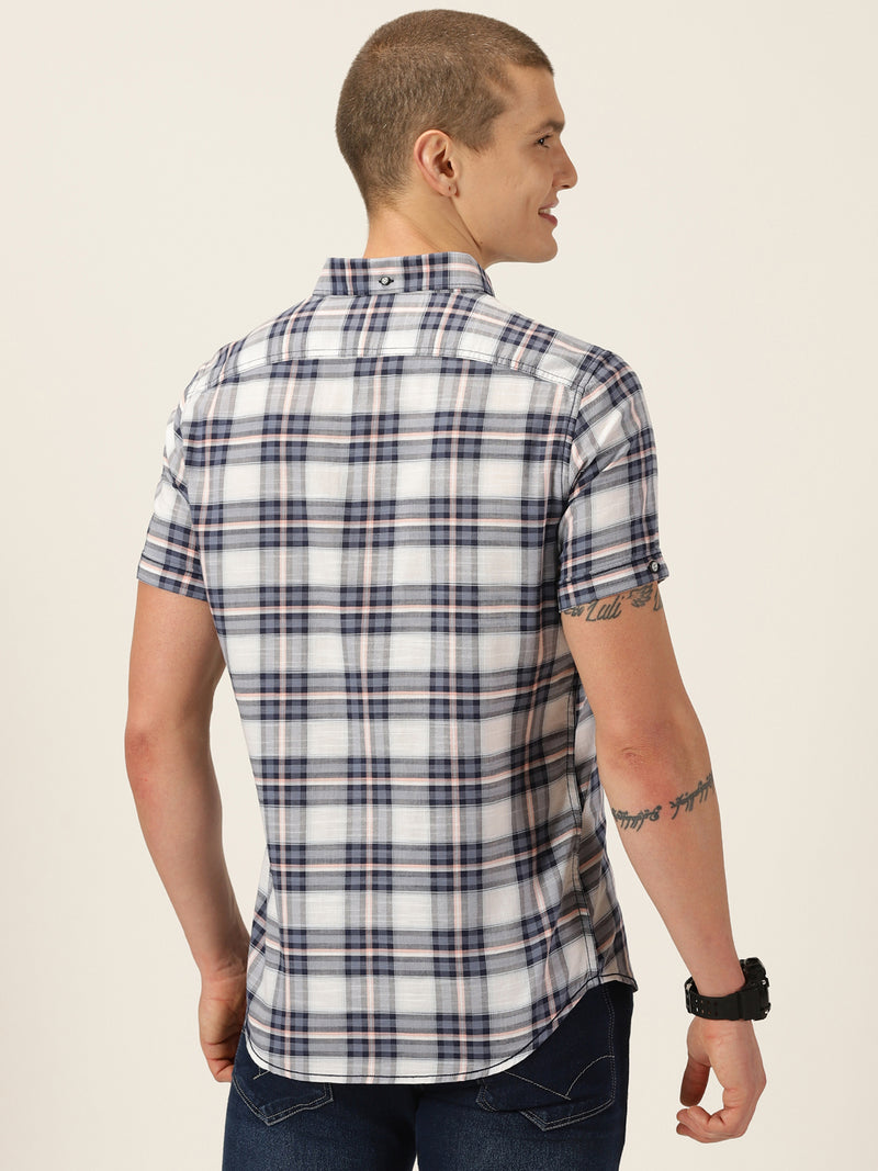 Thomas Scott Men Navy Smart Slim Fit Short Sleeves Tartan Checks Spread Collar Cotton Casual Shirt