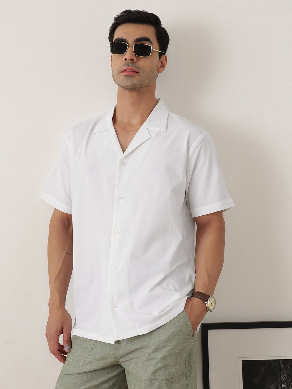 Thomas Scott Men Premium White Oversize Fit Short Sleeves Cuban Collar Solid Casual Shirt