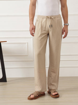 Thomas Scott Men Cream Smart Straight Fit Mid-Rise Pleated Woven Trouser