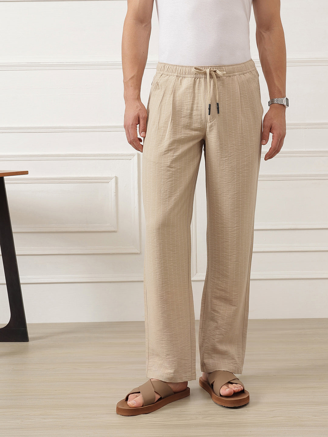 Thomas Scott Men Cream Smart Straight Fit Mid-Rise Pleated Woven Trouser