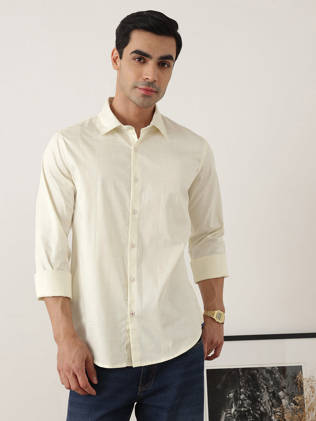 Thomas Scott Men Premium Lemon Regular Fit Long Sleeves Spread Collar Windowpane Checks Cotton Lycra Casual Shirt