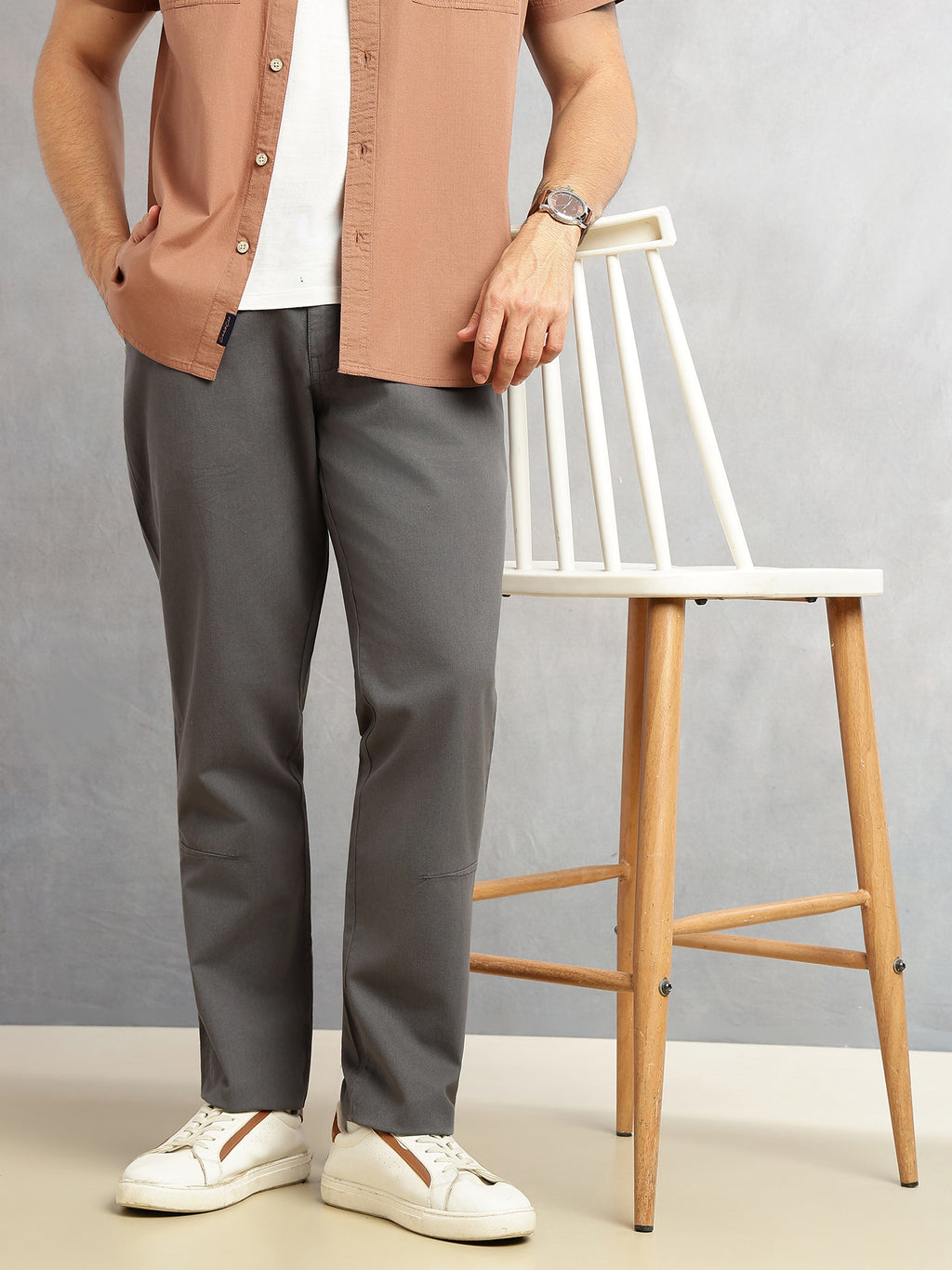 Charcoal Cricket Club Collection Straight Fit Mid-Rise Solid 4 Pockets 100% Cotton Woven Chinos Trouser