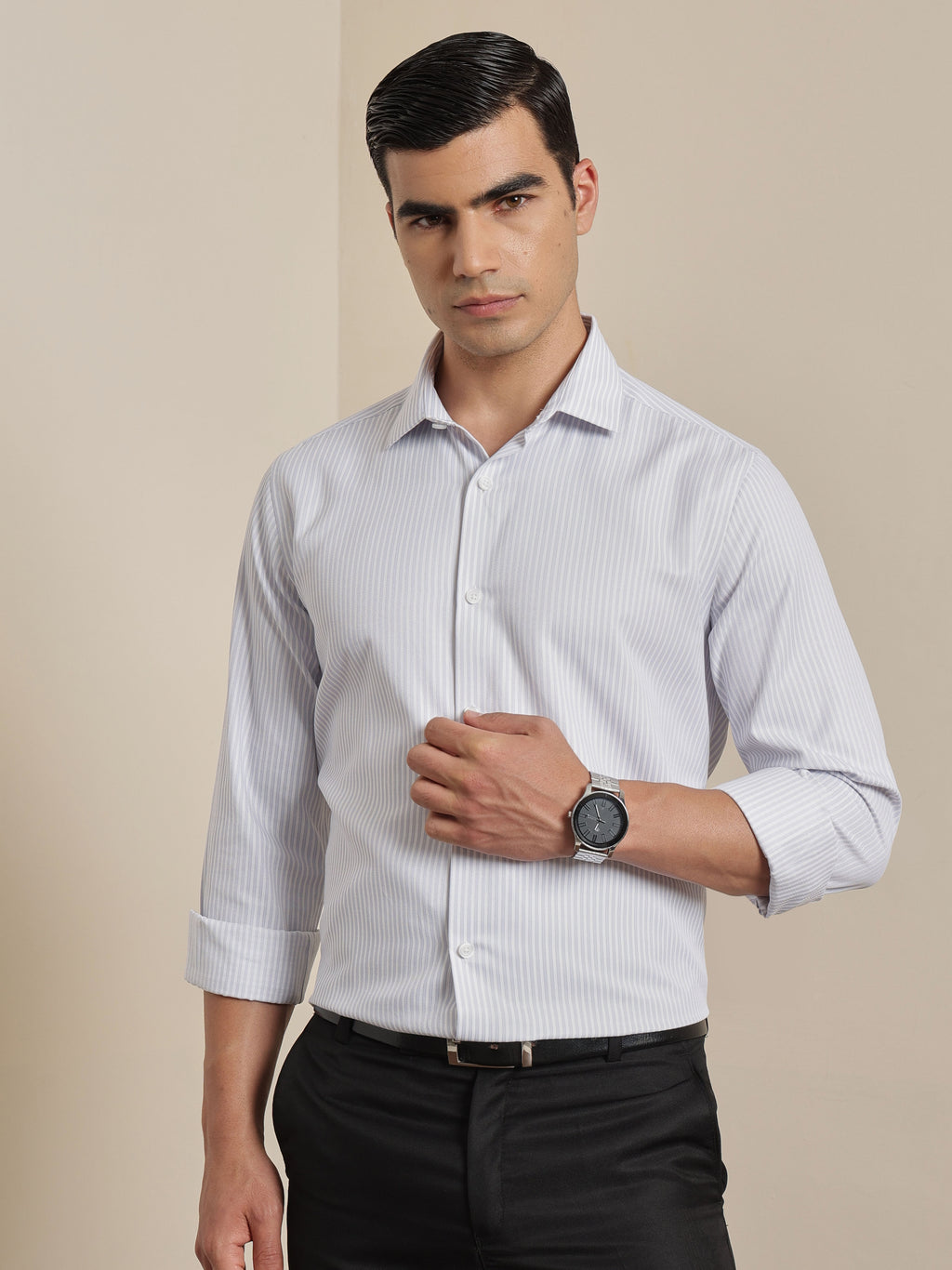 Thomas Scott Men Smart Grey Regular Fit Long Sleeves Semi Cutaway Collar Pinstripes Formal Shirt
