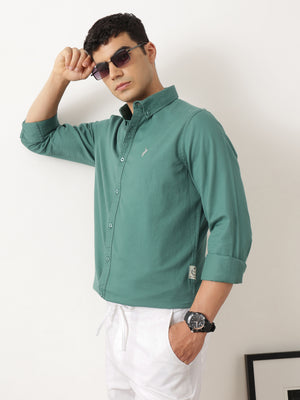 Thomas Scott Men Classic Olive Regular Fit Long Sleeves Button Down Collar Solid Cotton Twill Shirt