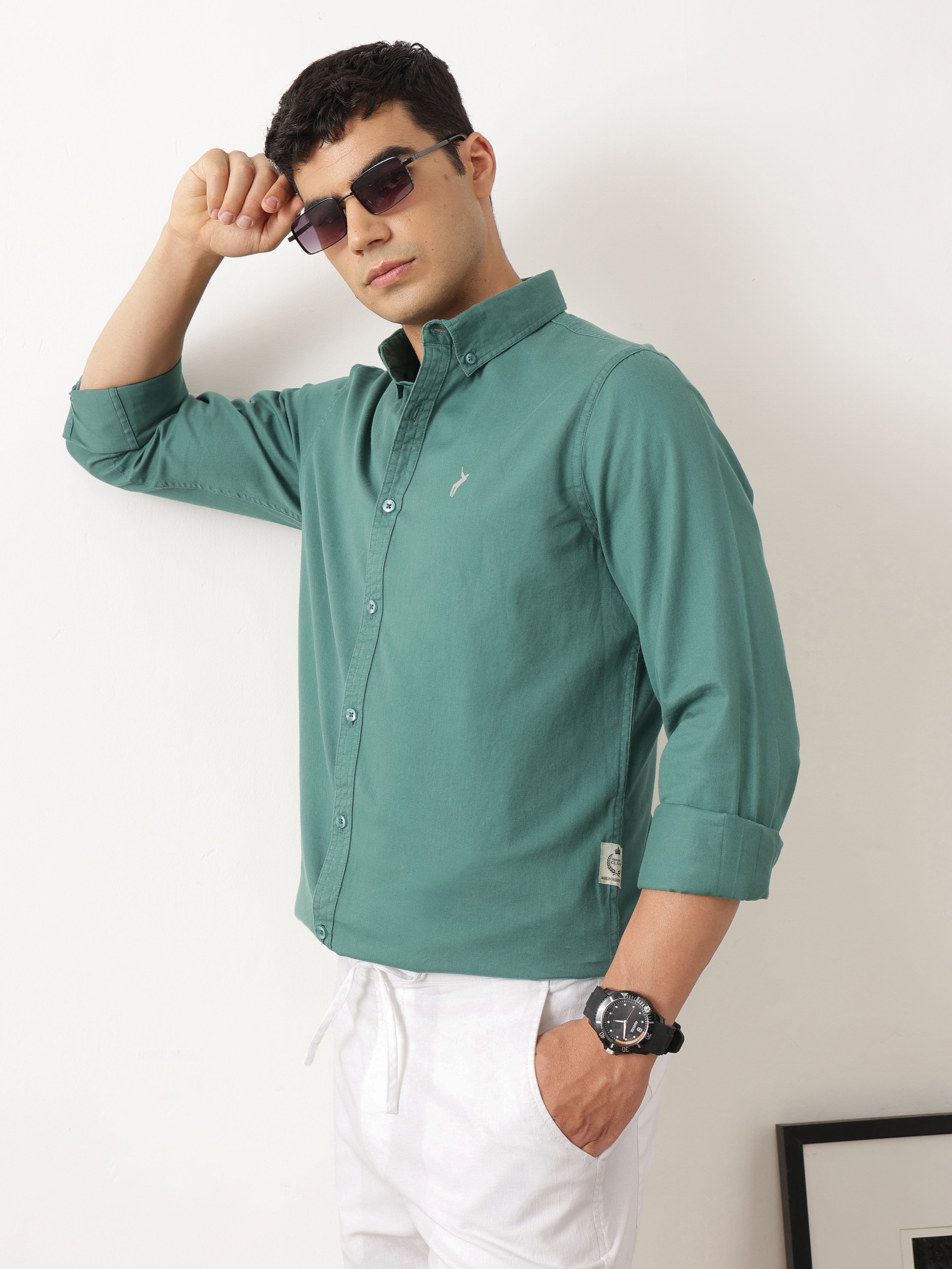 Thomas Scott Men Classic Olive Regular Fit Long Sleeves Button Down Collar Solid Cotton Twill Shirt