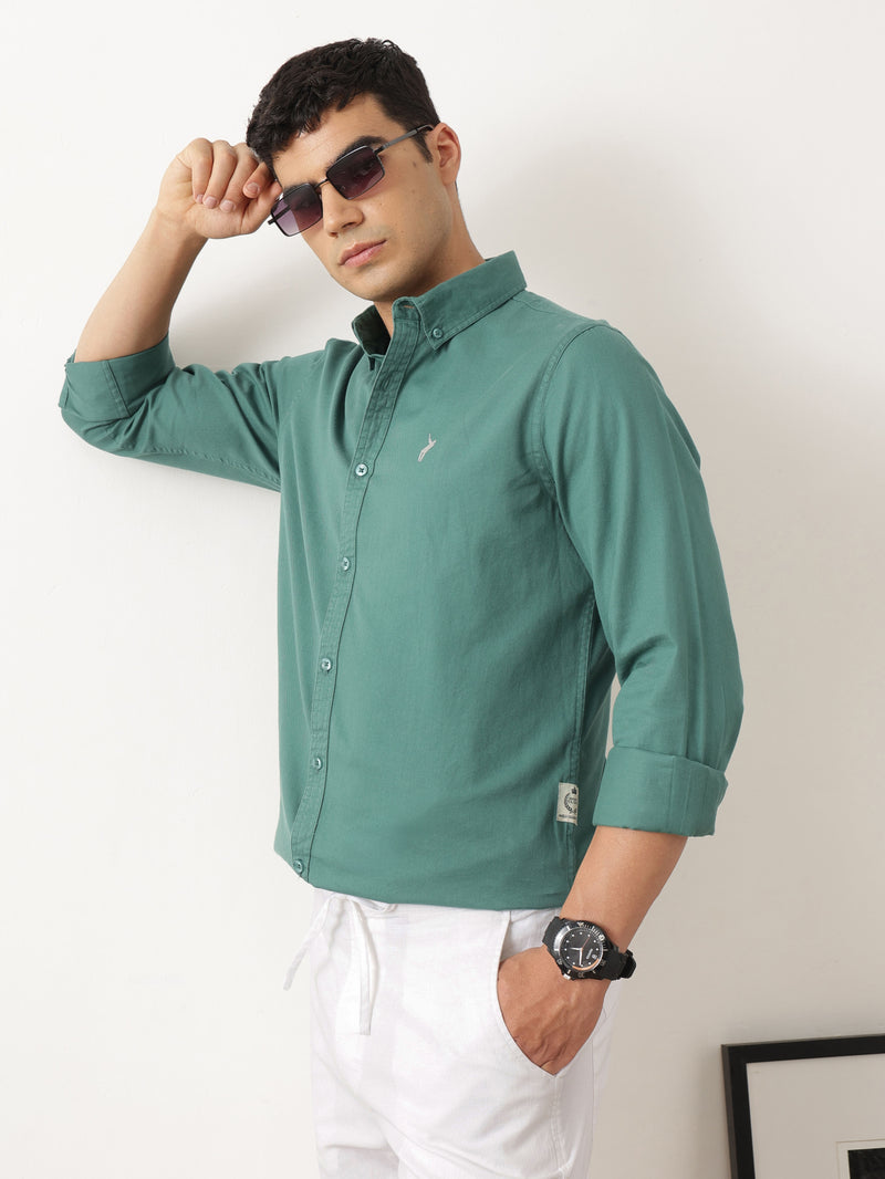 Thomas Scott Men Classic Olive Regular Fit Long Sleeves Button Down Collar Solid Cotton Twill Shirt