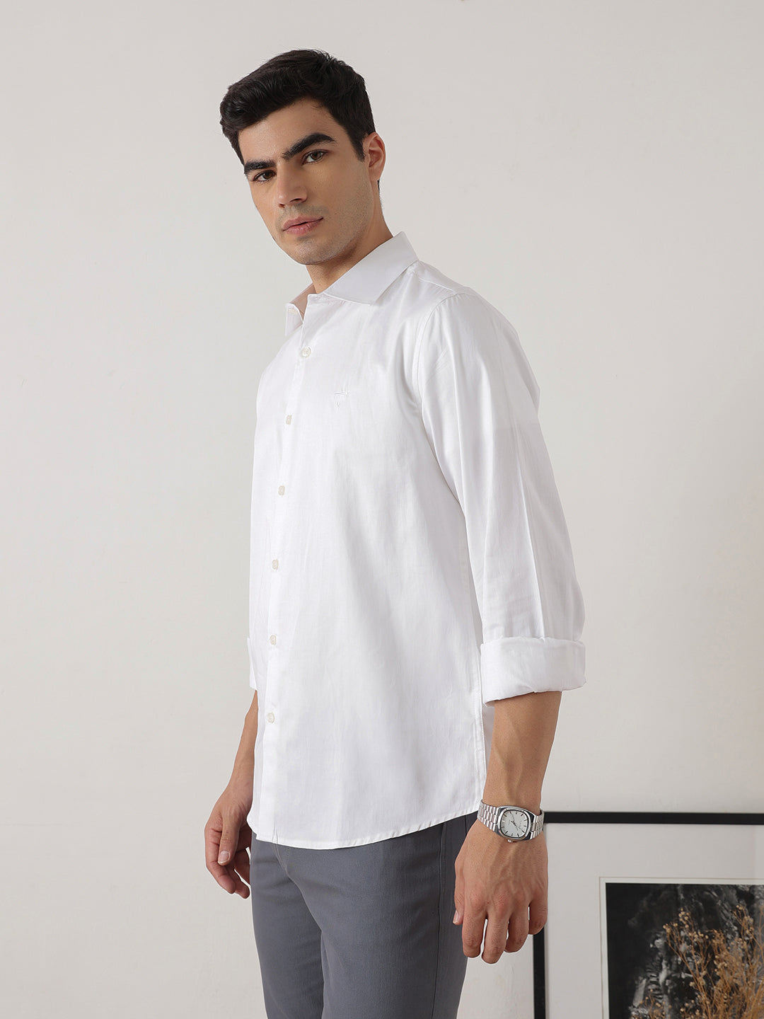 White Premium Slim Fit Solid Cotton Casual Shirt For Men