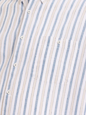 Thomas Scott Men Premium Blue Plus Size Regular Fit Long Sleeves Button Down Collar Vertical Stripes Cotton Linen Casual Shirt