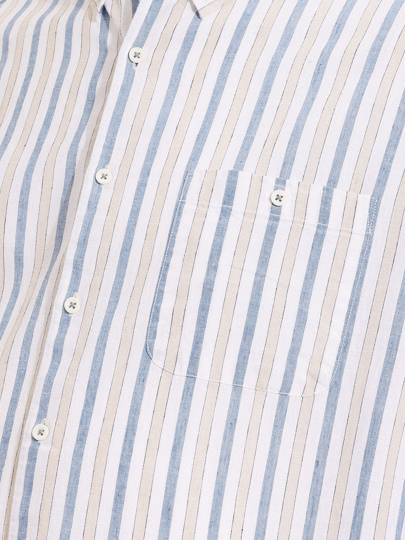 Thomas Scott Men Premium Blue Plus Size Regular Fit Long Sleeves Button Down Collar Vertical Stripes Cotton Linen Casual Shirt