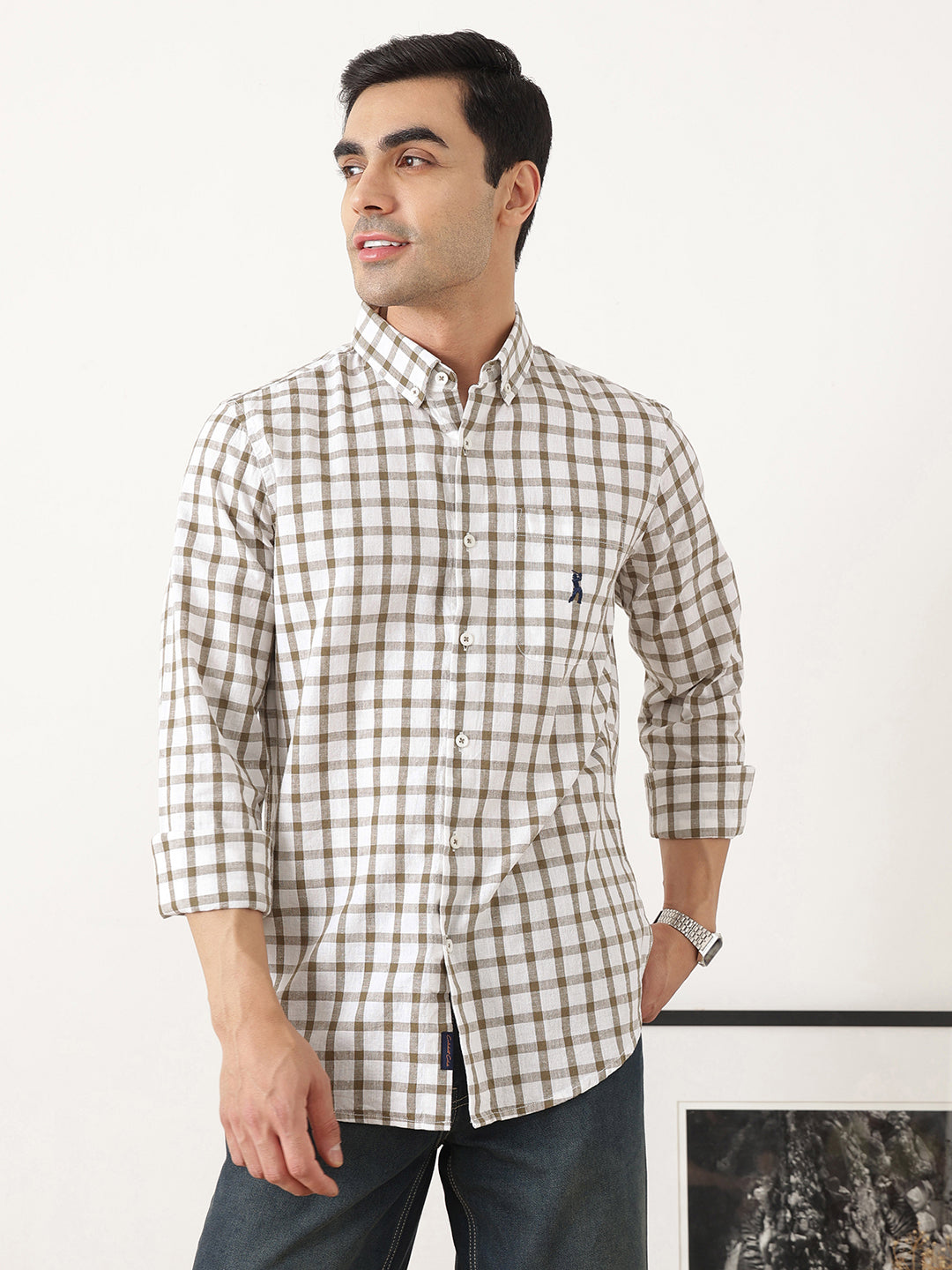 Thomas Scott Men Brown Regular Fit Long Sleeves Gingham Checks Button Down Collar Cotton Linen Casual Shirts