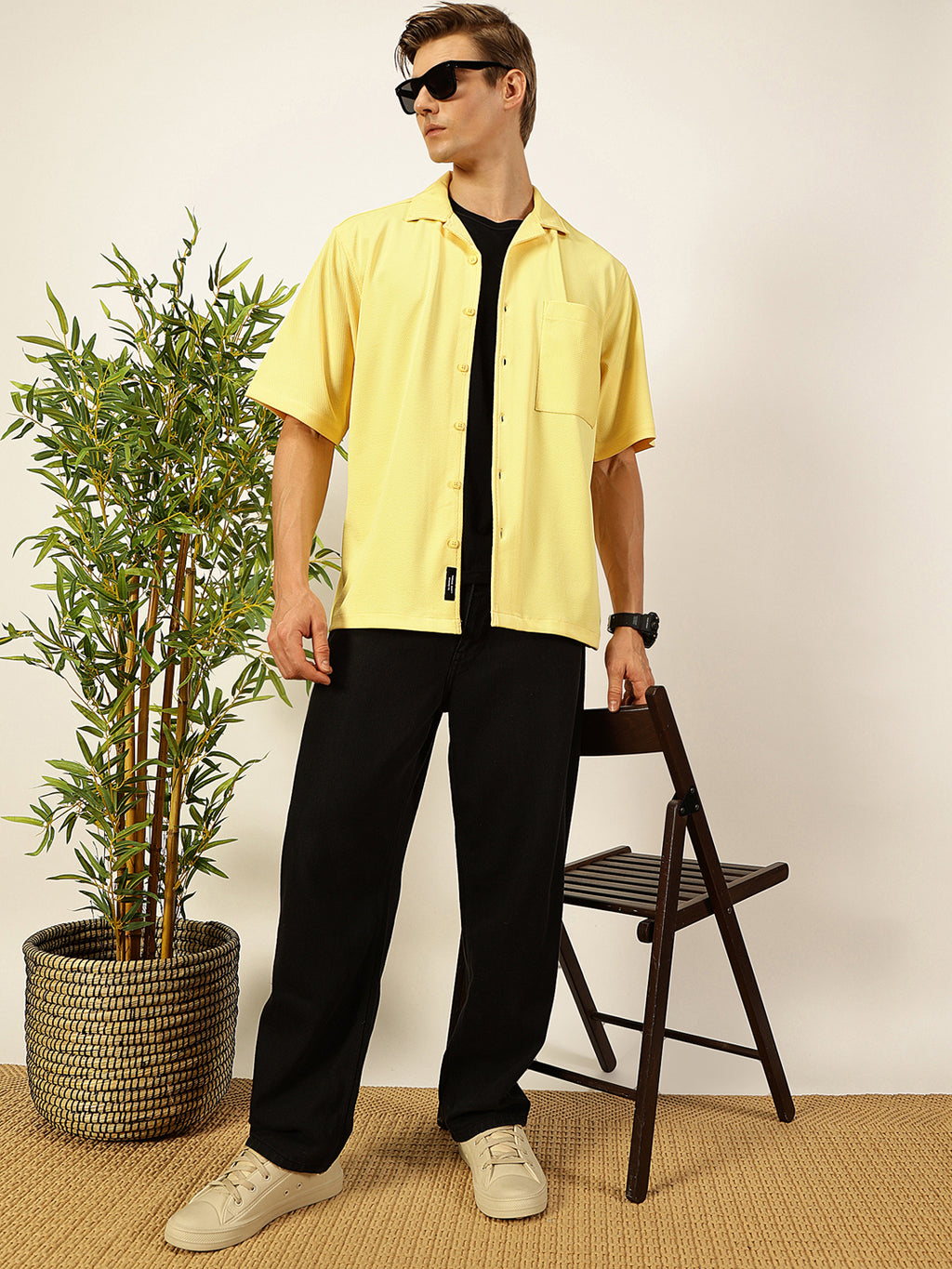 Thomas Scott Men Yellow Premium Short Sleeves Regular Fit Cuban Collar Textured Cotton Twill Shirt