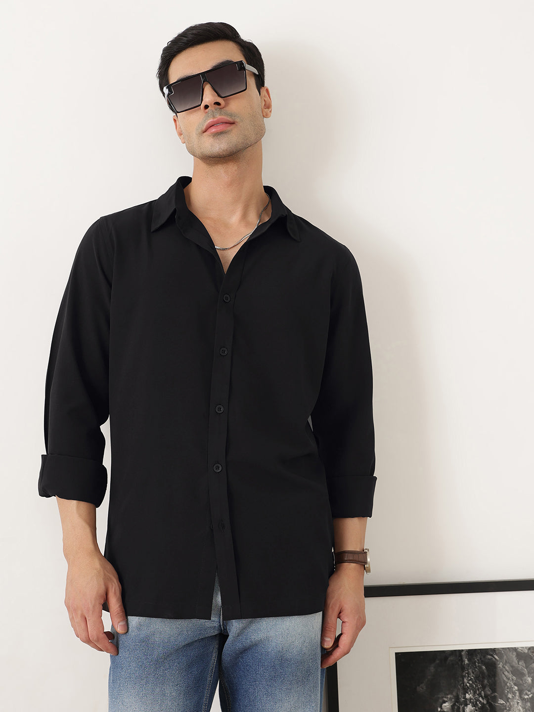Thomas Scott Men Premium Black Slim Fit Long Sleeves Spread Collar Solid Casual Shirt