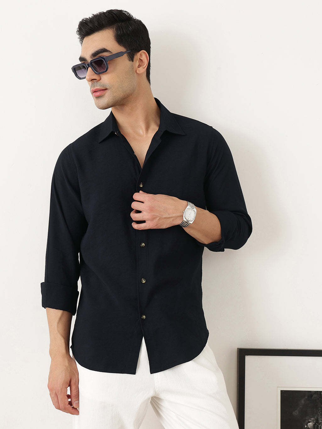 Thomas Scott Men Navy Premium Slim Fit Long Sleeves Semi Cutaway Collar Casual Shirt