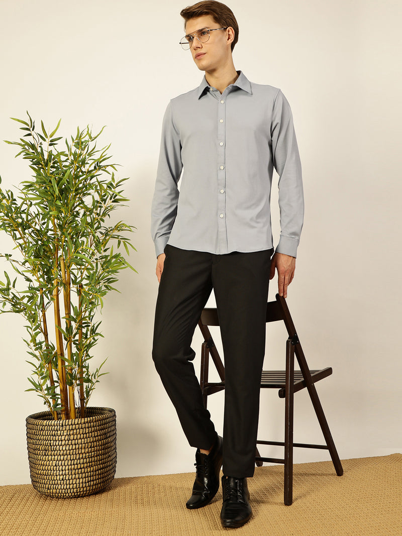 Thomas Scott Men Grey Premium Long Sleeves Slim Fit Spread Collar Solid Knitted Casual Shirt