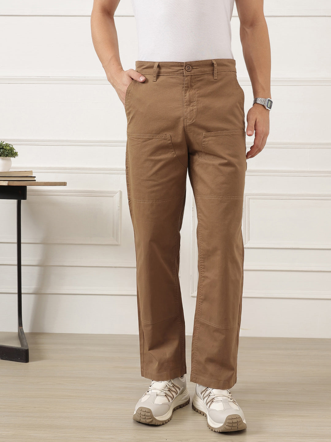 Brown Smart Easy Wash Regular Fit Mid-Rise Solid Woven Carpenter Trouser For Men