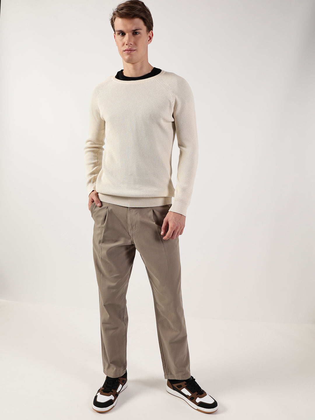 Thomas Scott Men Ribbed Self Design Round Neck Cotton Pullover Ribbed Sweater