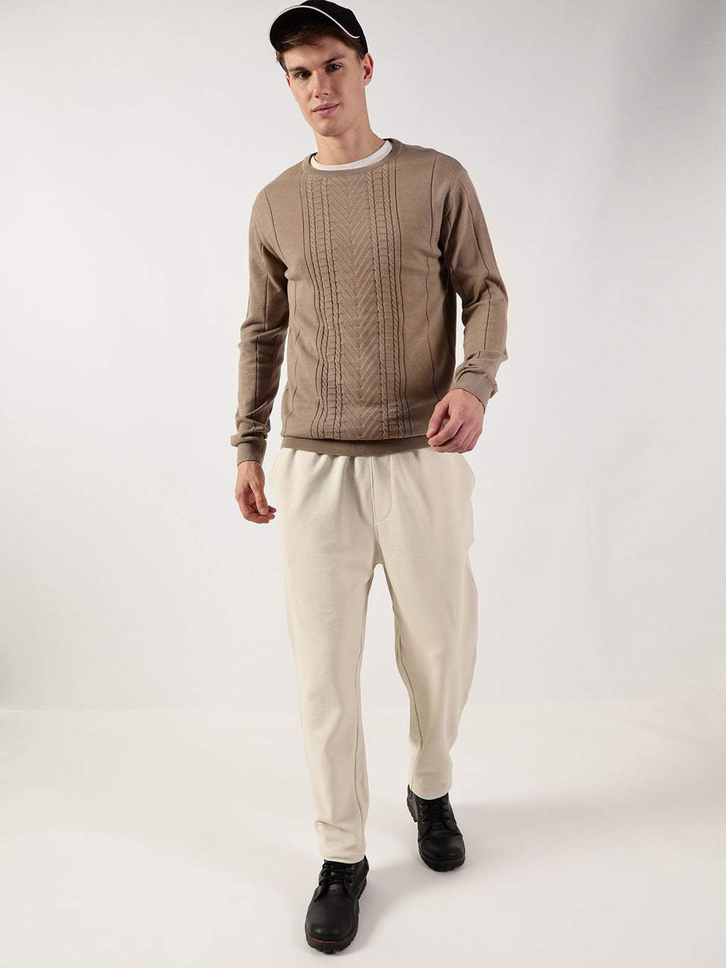 Thomas Scott Men Cable Knit Round Neck Cotton Pullover Ribbed Sweater