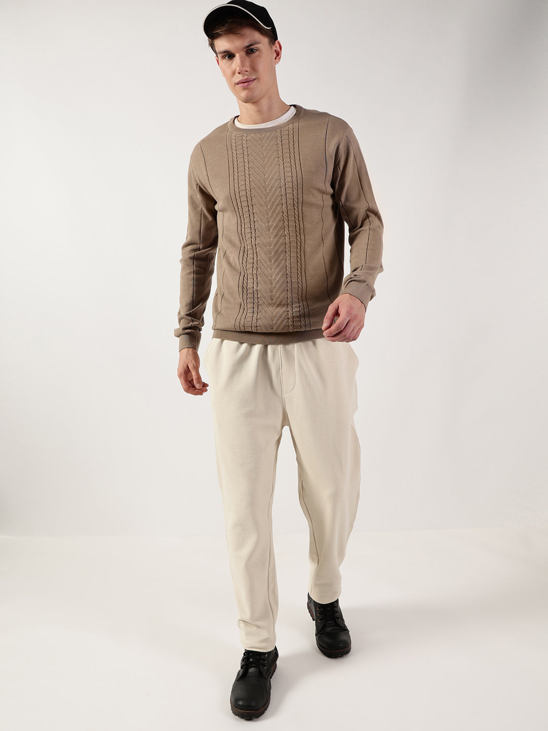 Thomas Scott Men Cable Knit Round Neck Cotton Pullover Ribbed Sweater