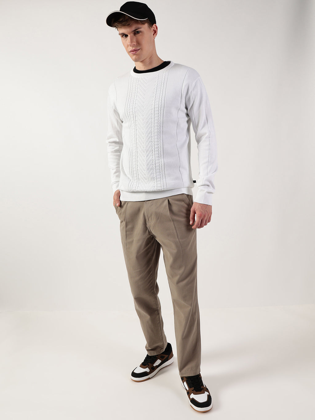 Thomas Scott Men Cable Knit Round Neck Cotton Pullover Ribbed Sweater