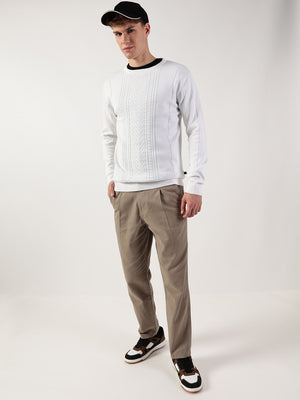 Thomas Scott Men Cable Knit Round Neck Cotton Pullover Ribbed Sweater