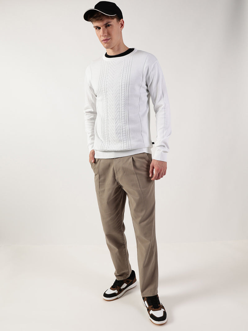 Thomas Scott Men Cable Knit Round Neck Cotton Pullover Ribbed Sweater