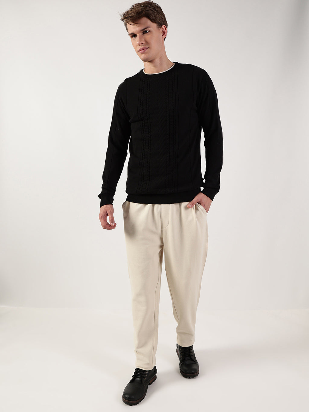 Thomas Scott Men Cable Knit Round Neck Cotton Pullover Ribbed Sweater