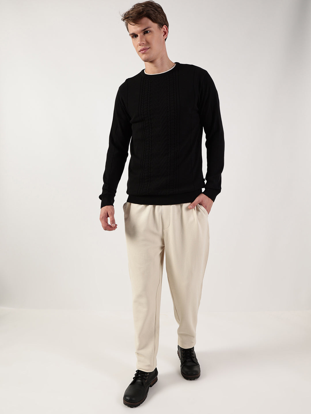 Thomas Scott Men Cable Knit Round Neck Cotton Pullover Ribbed Sweater