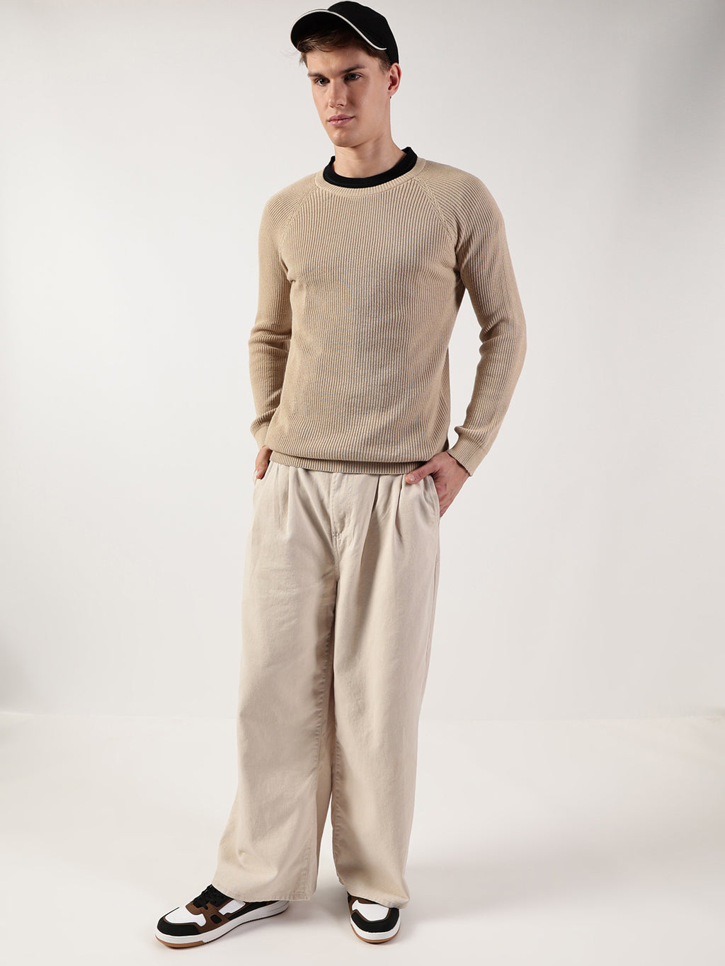 Thomas Scott Men Ribbed Self Design Round Neck Cotton Pullover Ribbed Sweater