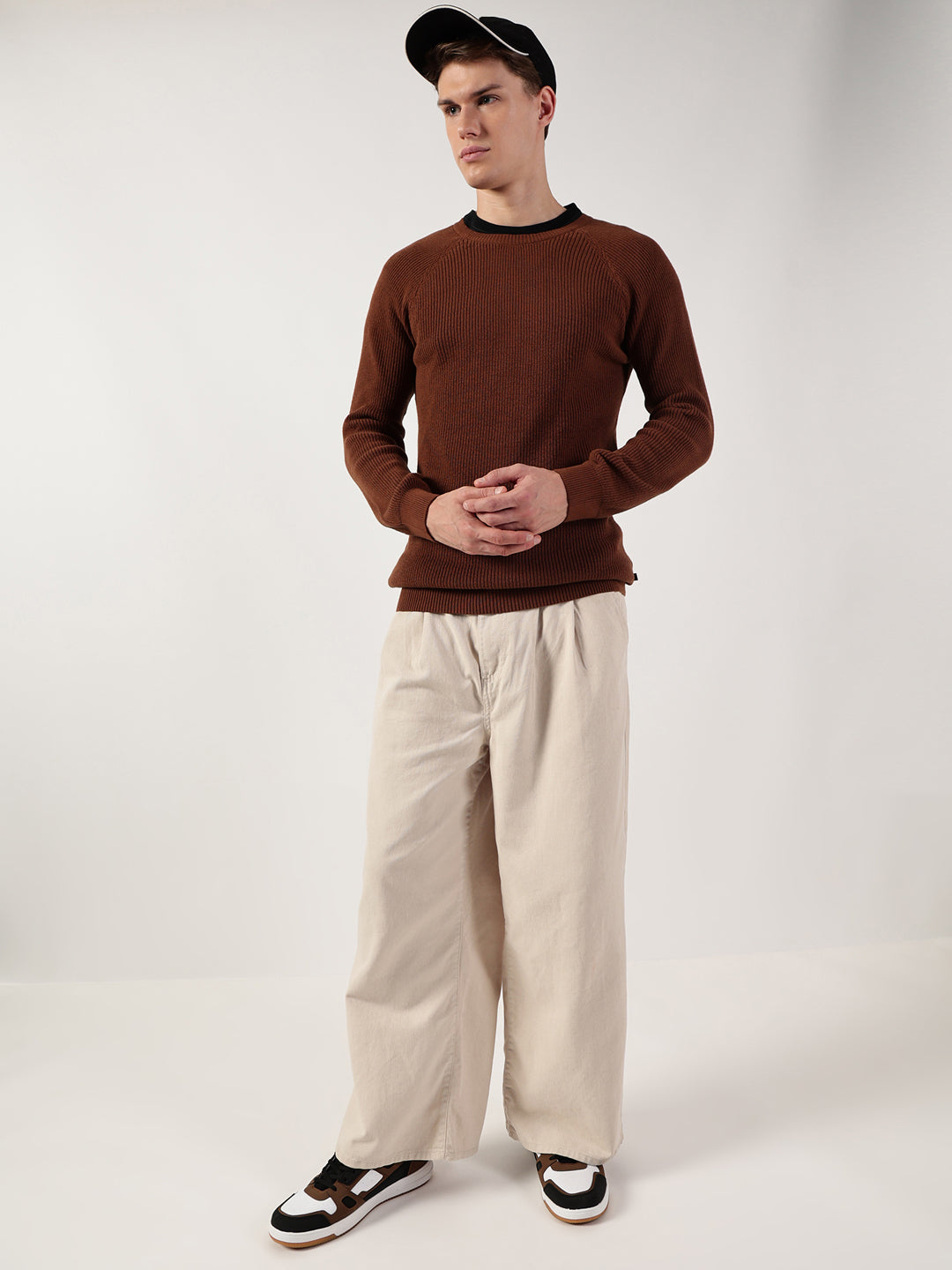 Thomas Scott Men Ribbed Self Design Round Neck Cotton Pullover Ribbed Sweater