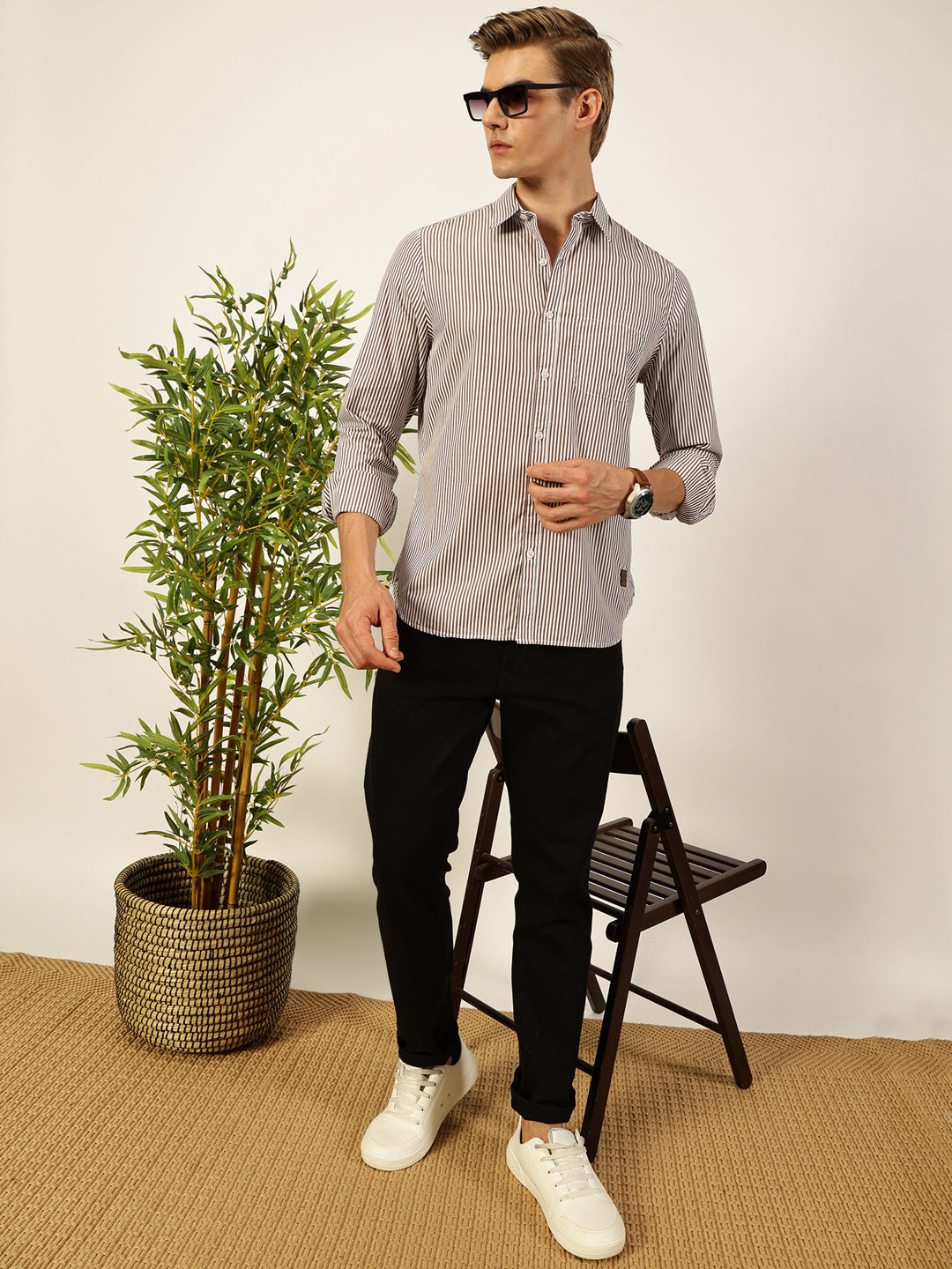 Thomas Scott Men Smart Spread Collar Vertical Striped Cotton Slim Fit Casual Shirt