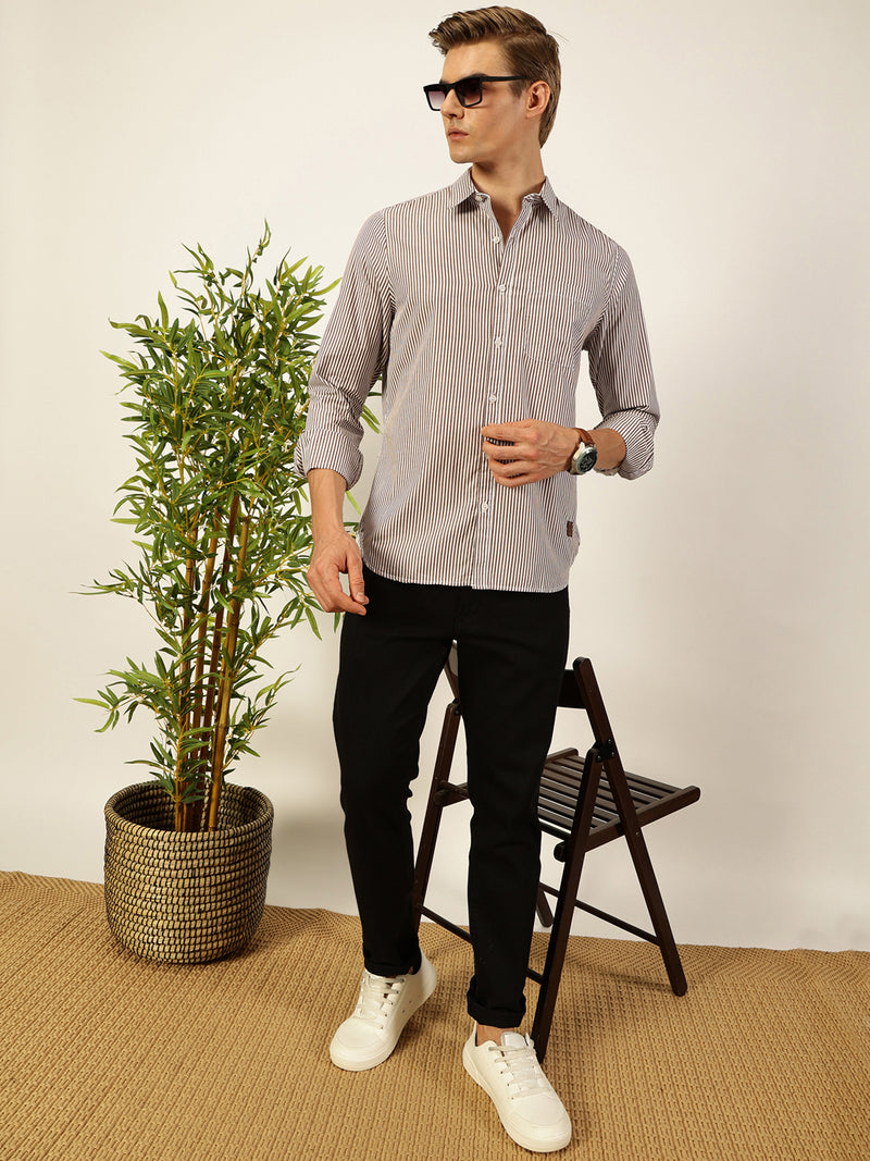 Thomas Scott Men Smart Spread Collar Vertical Striped Cotton Slim Fit Casual Shirt