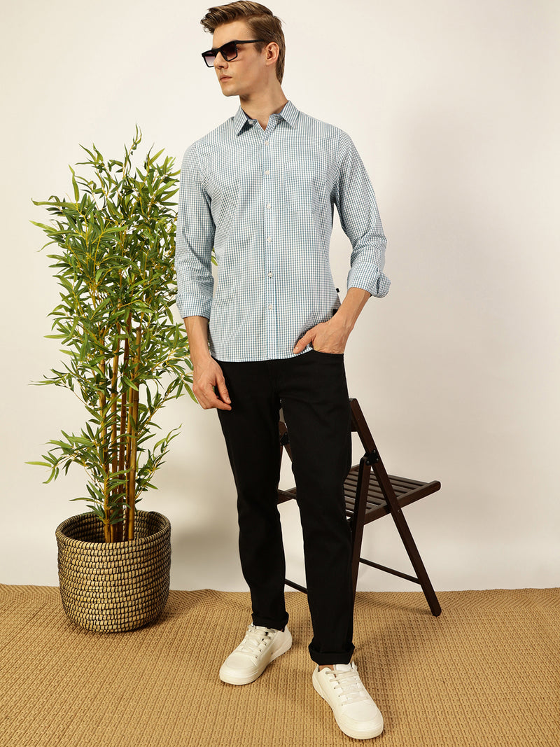 Thomas Scott Men Smart Spread Collar Micro Checked Cotton Slim Fit Casual Shirt