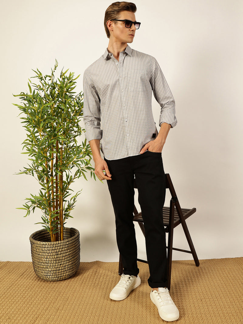 Thomas Scott Men Smart Spread Collar Micro Checked Cotton Slim Fit Casual Shirt