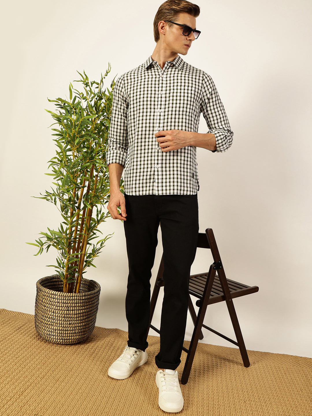 Thomas Scott Men Smart Spread Collar Micro Checked Cotton Slim Fit Casual Shirt