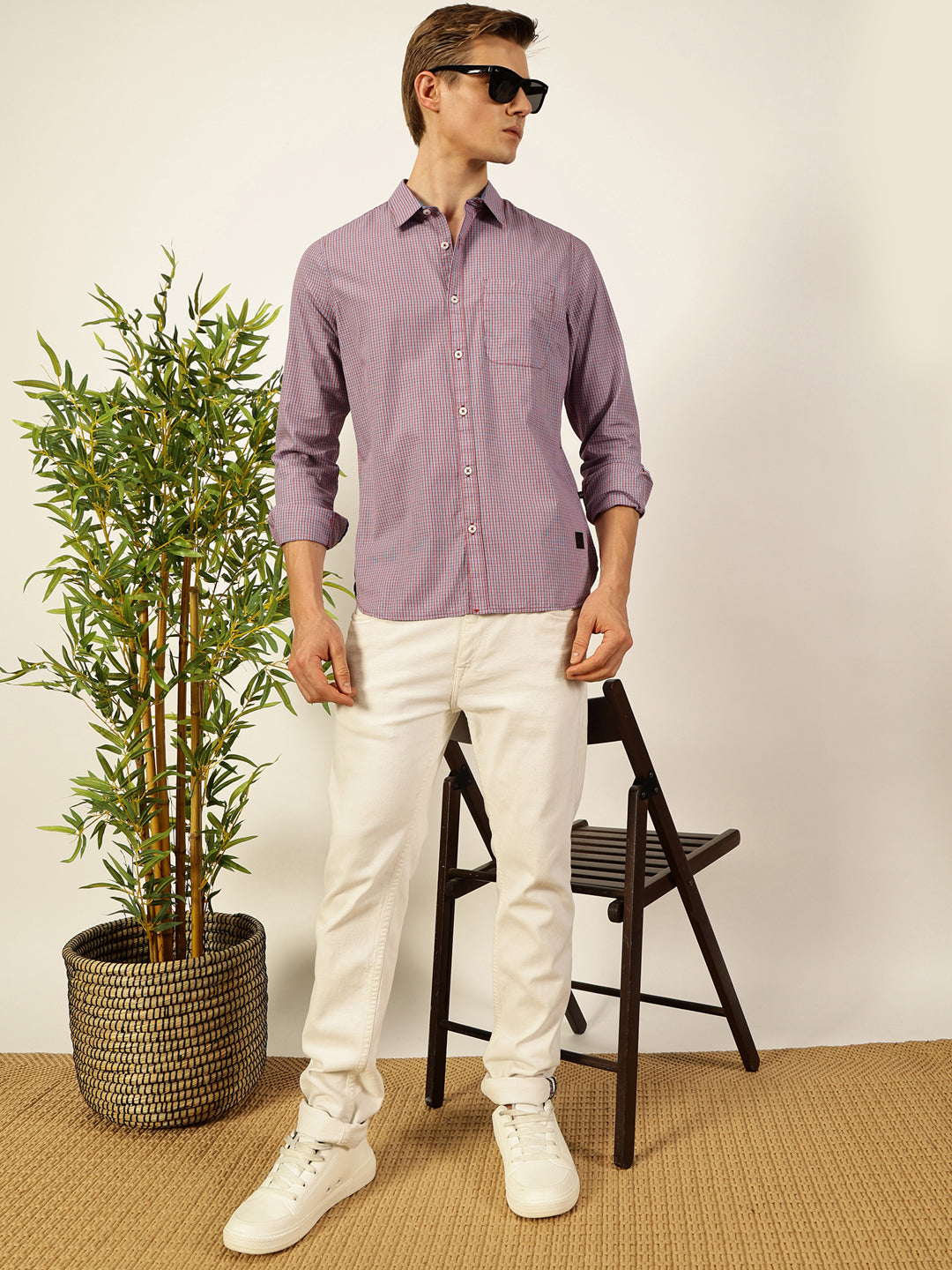 Thomas Scott Men Smart Spread Collar Micro Checked Cotton Slim Fit Casual Shirt