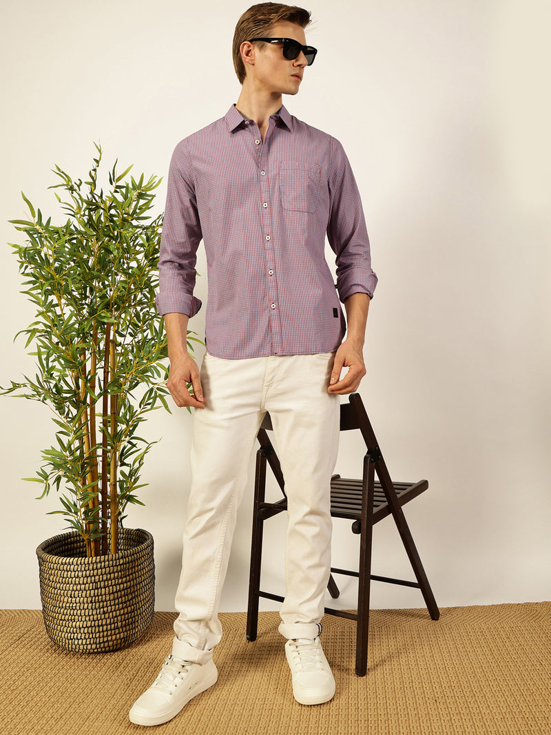 Thomas Scott Men Smart Spread Collar Micro Checked Cotton Slim Fit Casual Shirt